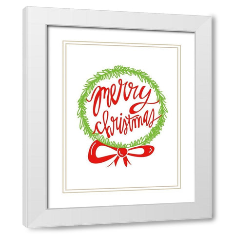 Merry Christmas Wreath    White Modern Wood Framed Art Print with Double Matting by Barrett, Erin
