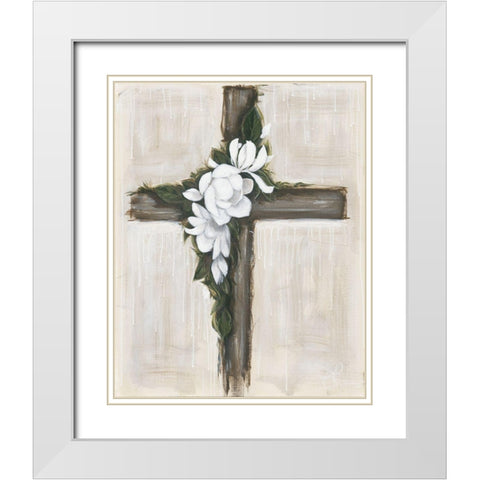 Magnolia Flowered Cross White Modern Wood Framed Art Print with Double Matting by Hollihocks Art
