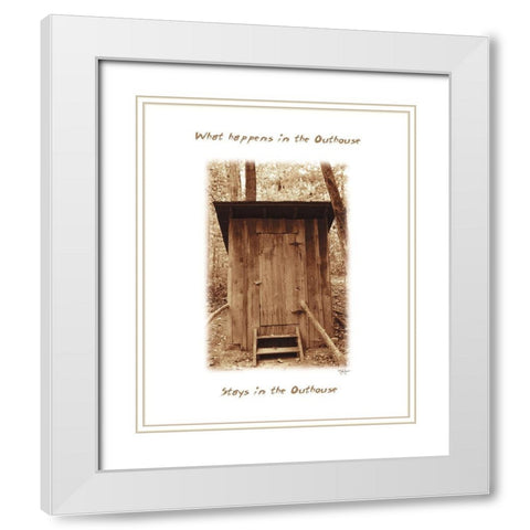 What Happens in the Outhouse White Modern Wood Framed Art Print with Double Matting by Jones, John