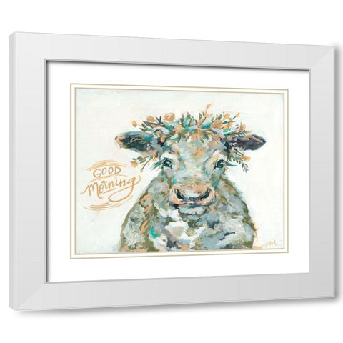 Good Morning Cow White Modern Wood Framed Art Print with Double Matting by Mingo, Jessica