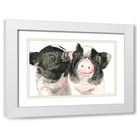Piglet Kisses White Modern Wood Framed Art Print with Double Matting by Kamdon Kreations
