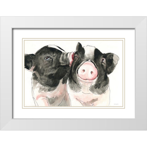 Piglet Kisses White Modern Wood Framed Art Print with Double Matting by Kamdon Kreations