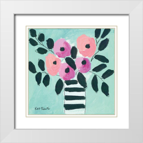 Blooms and Stripes White Modern Wood Framed Art Print with Double Matting by Roberts, Kait