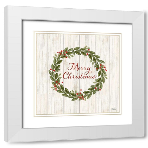 Merry Christmas Wreath    White Modern Wood Framed Art Print with Double Matting by Sherrill, Kate