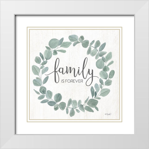 Family Forever Eucalyptus Wreath White Modern Wood Framed Art Print with Double Matting by Sherrill, Kate