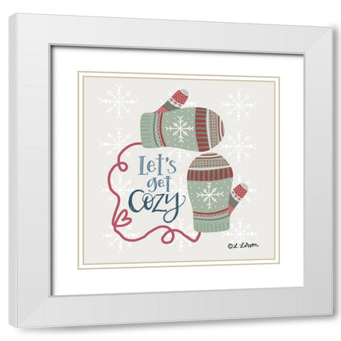 Lets Get Cozy Mittens White Modern Wood Framed Art Print with Double Matting by Larson, Lisa