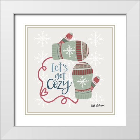 Lets Get Cozy Mittens White Modern Wood Framed Art Print with Double Matting by Larson, Lisa
