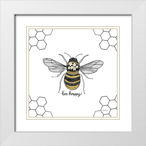 Bee Happy White Modern Wood Framed Art Print with Double Matting by Larson, Lisa