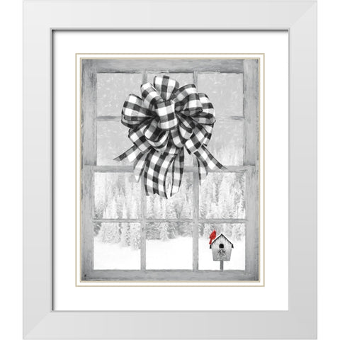 Christmas Birdhouse with Bow White Modern Wood Framed Art Print with Double Matting by Deiter, Lori