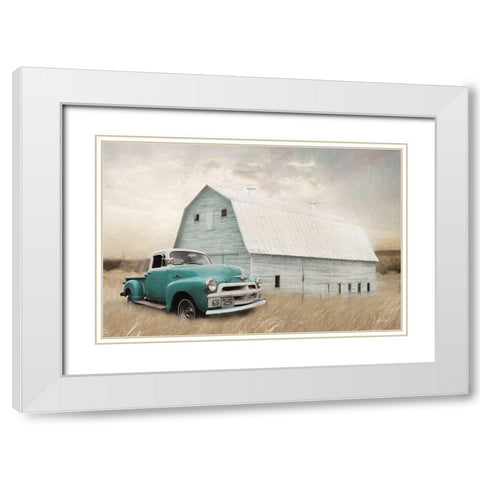 Teal Barn and Truck White Modern Wood Framed Art Print with Double Matting by Deiter, Lori