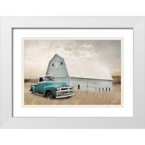 Teal Barn and Truck White Modern Wood Framed Art Print with Double Matting by Deiter, Lori