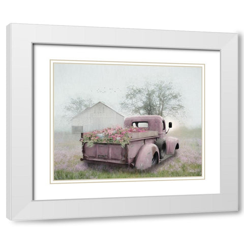 Pink Flower Truck White Modern Wood Framed Art Print with Double Matting by Deiter, Lori