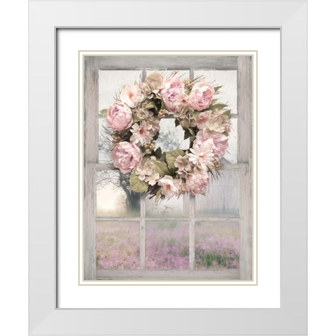 Spring Peony Wreath White Modern Wood Framed Art Print with Double Matting by Deiter, Lori