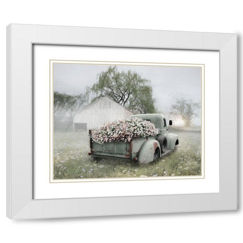 Sage Green Truck with  Blush Petunias    White Modern Wood Framed Art Print with Double Matting by Deiter, Lori