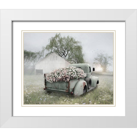 Sage Green Truck with  Blush Petunias    White Modern Wood Framed Art Print with Double Matting by Deiter, Lori