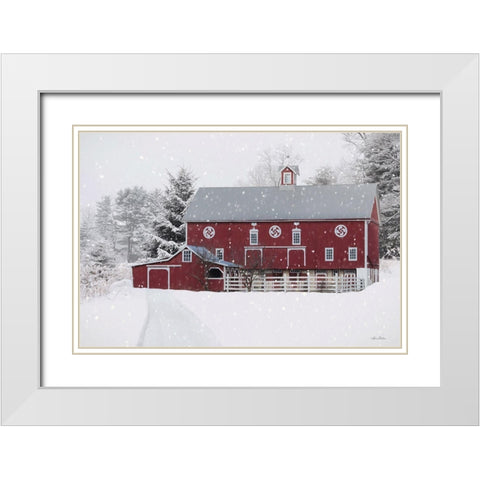 Winter Red Barn White Modern Wood Framed Art Print with Double Matting by Deiter, Lori