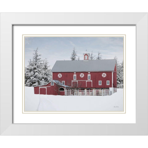 Red Barn in the Pines White Modern Wood Framed Art Print with Double Matting by Deiter, Lori