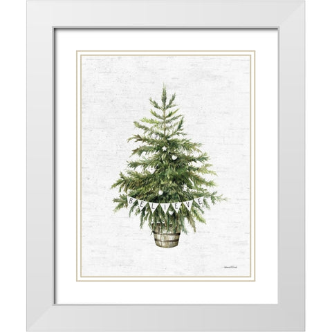 Believe Christmas Tree White Modern Wood Framed Art Print with Double Matting by Lettered and Lined