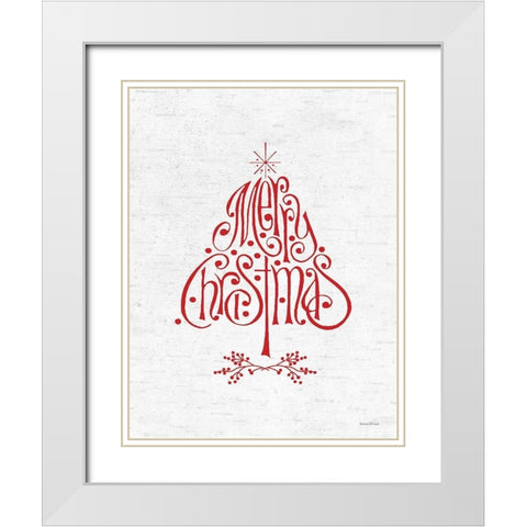 Merry Christmas Tree White Modern Wood Framed Art Print with Double Matting by Lettered and Lined