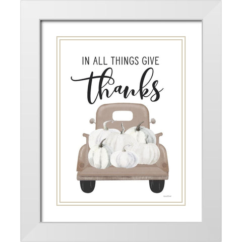 Give Thanks Pumpkin Truck White Modern Wood Framed Art Print with Double Matting by Lettered And Lined