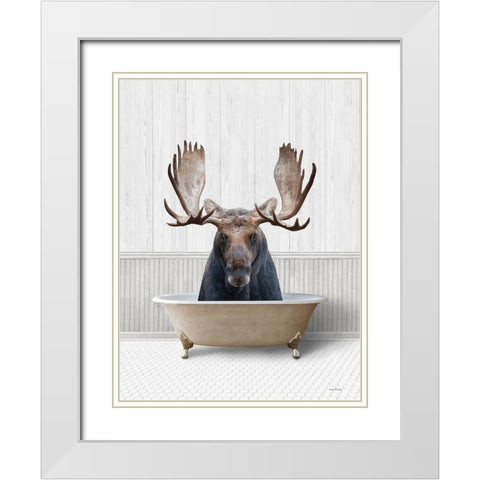 Bath Time Moose  White Modern Wood Framed Art Print with Double Matting by Lettered And Lined