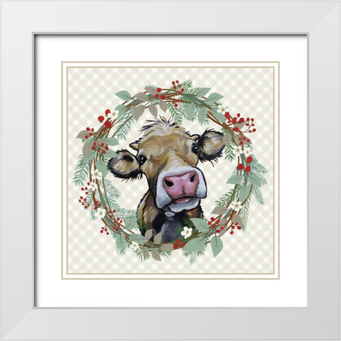 Christmas Cow Wreath White Modern Wood Framed Art Print with Double Matting by Keller, Lee
