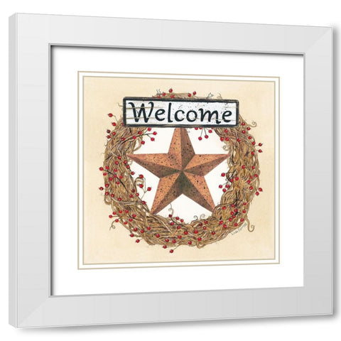 Barn Star Welcome Wreath White Modern Wood Framed Art Print with Double Matting by Spivey, Linda
