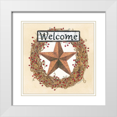 Barn Star Welcome Wreath White Modern Wood Framed Art Print with Double Matting by Spivey, Linda