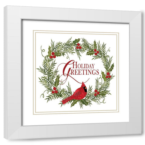 Holiday Greetings Cardinal Wreath I White Modern Wood Framed Art Print with Double Matting by Spivey, Linda