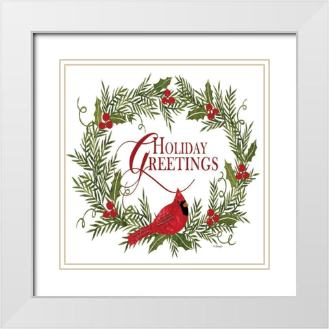 Holiday Greetings Cardinal Wreath I White Modern Wood Framed Art Print with Double Matting by Spivey, Linda