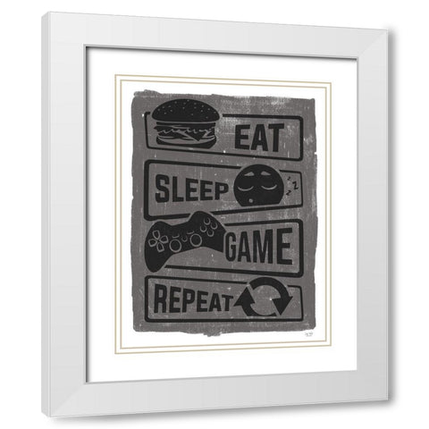 Eat, Sleep, Game, Repeat White Modern Wood Framed Art Print with Double Matting by Lux + Me Designs