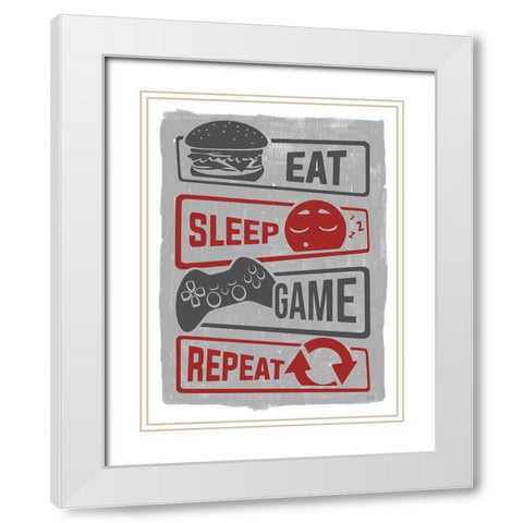 Eat-Sleep-Game-Repeat White Modern Wood Framed Art Print with Double Matting by Lux + Me Designs