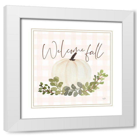 Welcome Fall Pumpkin White Modern Wood Framed Art Print with Double Matting by Lux + Me Designs