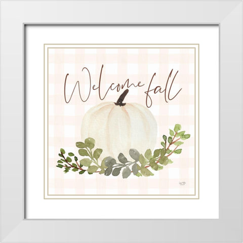 Welcome Fall Pumpkin White Modern Wood Framed Art Print with Double Matting by Lux + Me Designs