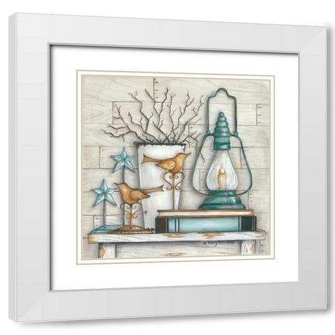 Lantern on Books White Modern Wood Framed Art Print with Double Matting by June, Mary Ann