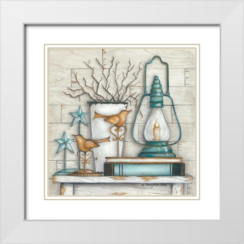 Lantern on Books White Modern Wood Framed Art Print with Double Matting by June, Mary Ann