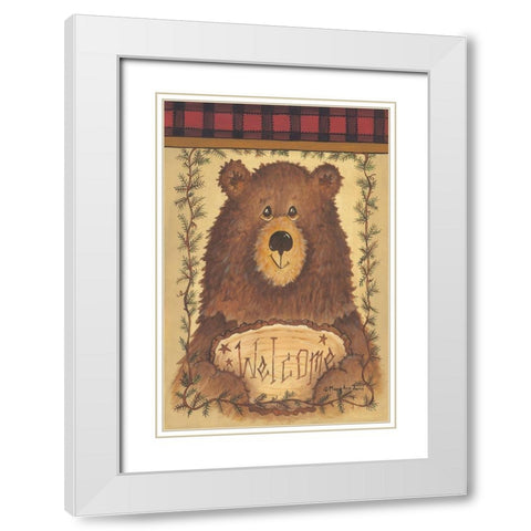 Woodsy Welcome White Modern Wood Framed Art Print with Double Matting by June, Mary Ann