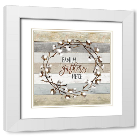 Family Gathers Here Cotton Wreath White Modern Wood Framed Art Print with Double Matting by Rae, Marla