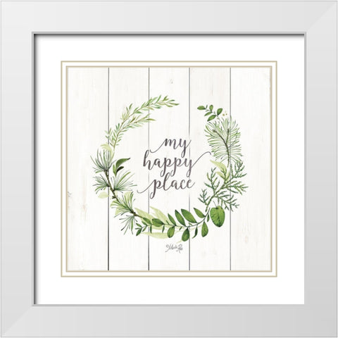 My Happy Place Wreath White Modern Wood Framed Art Print with Double Matting by Rae, Marla