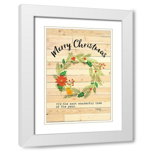 Merry Christmas Wreath White Modern Wood Framed Art Print with Double Matting by Rae, Marla