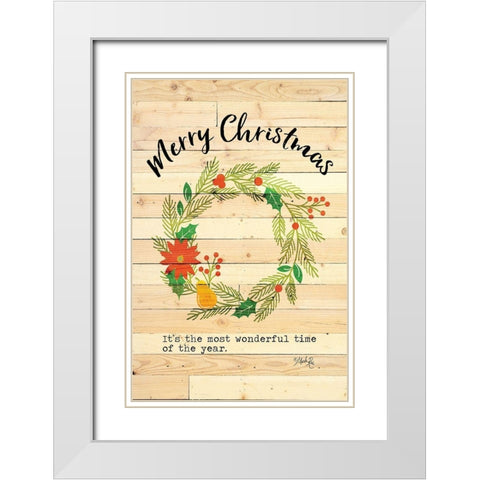 Merry Christmas Wreath White Modern Wood Framed Art Print with Double Matting by Rae, Marla