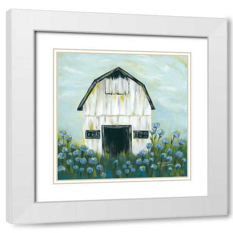 Blue Flowers White Modern Wood Framed Art Print with Double Matting by Norman, Michele