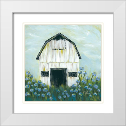 Blue Flowers White Modern Wood Framed Art Print with Double Matting by Norman, Michele