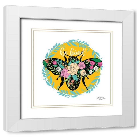 Be Kind Floral Bee White Modern Wood Framed Art Print with Double Matting by Norman, Michele