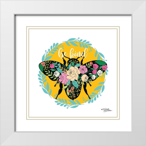 Be Kind Floral Bee White Modern Wood Framed Art Print with Double Matting by Norman, Michele