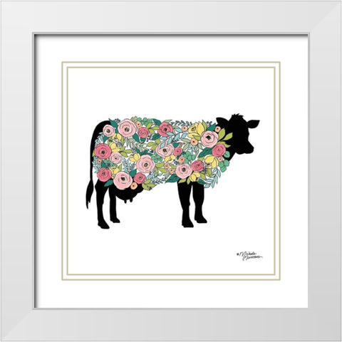 Floral Cow White Modern Wood Framed Art Print with Double Matting by Norman, Michele