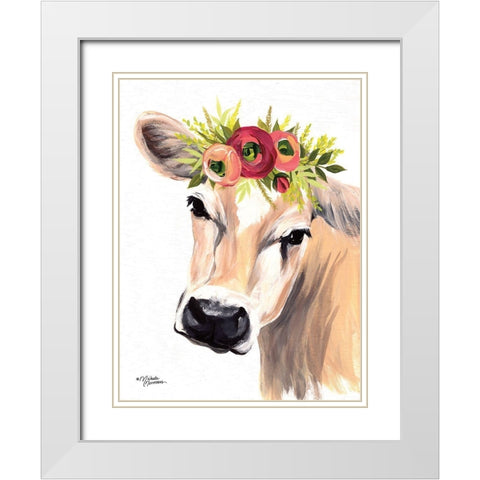 Jersey Cow with Floral Crown White Modern Wood Framed Art Print with Double Matting by Norman, Michele