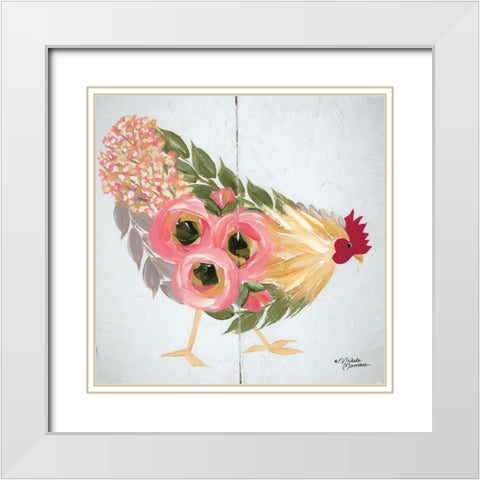 Floral Hen on White White Modern Wood Framed Art Print with Double Matting by Norman, Michele