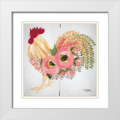 Floral Rooster on White White Modern Wood Framed Art Print with Double Matting by Norman, Michele