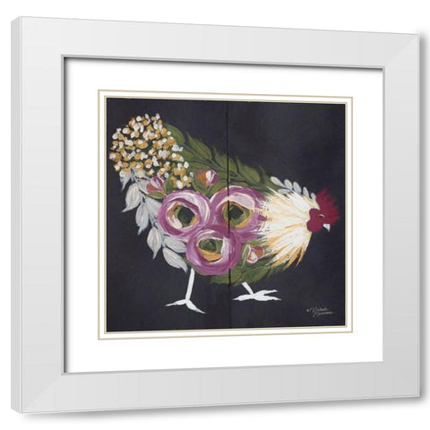 Floral Hen on Black White Modern Wood Framed Art Print with Double Matting by Norman, Michele
